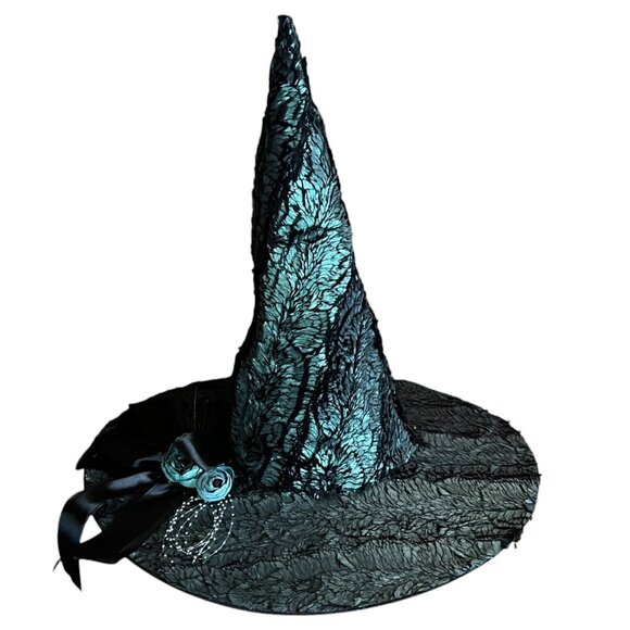 One-of-a-Kind Handmade Teal & Black Witch\'s Hat w/Decorative Flower & Black Bow main image 12